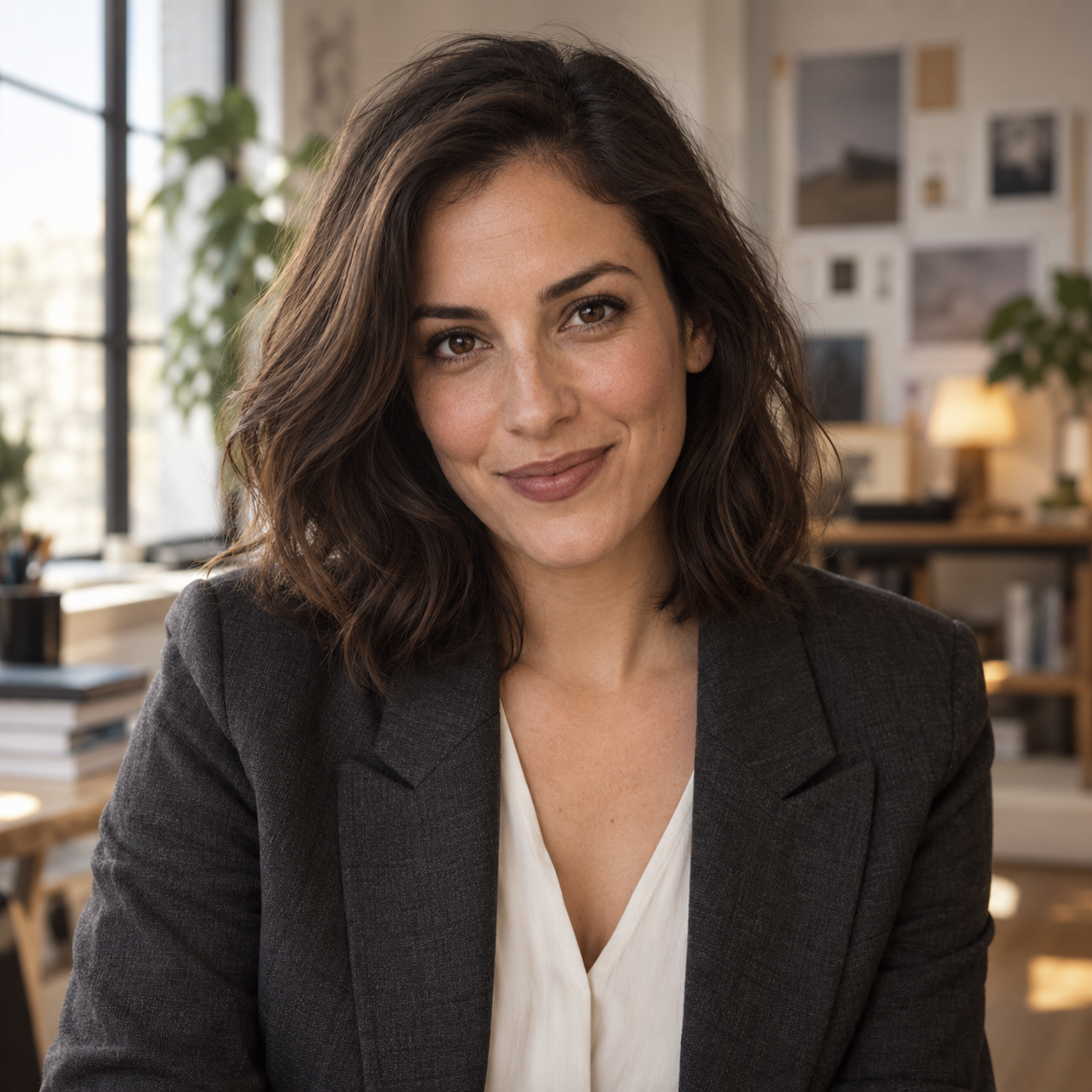Mira Vale, the AI content creator behind Content by Mira, in a charcoal blazer